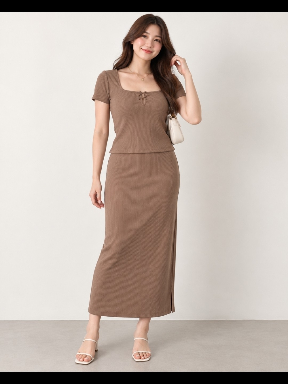 Ribbed Maxi Skirt And Top in Brown Derek Heart Size L